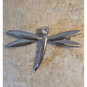 Silver Tone Dragonfly Brooch with Clear Rhinestone